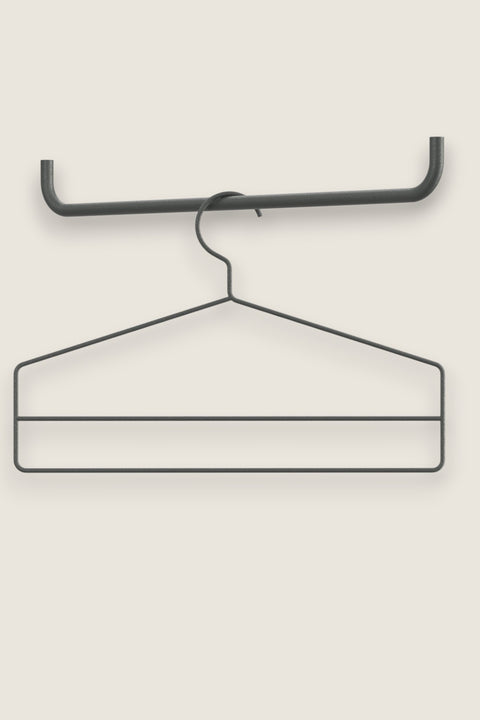 Bolina dark grey metal clothes hanger with an extra bar for multiple garments, part of the String System collection.