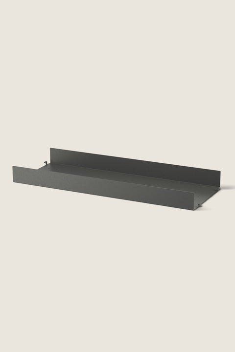 Bolina dark grey perforated metal shelf with high edges for String System storage, 78x30 cm.