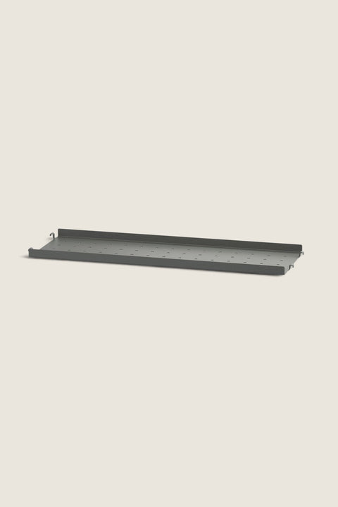 Bolina dark grey perforated metal shelf with low edges for String System, 58x20 cm size.