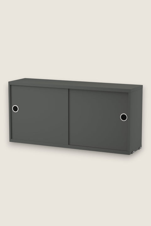 Bolina dark grey String System cabinet with sliding doors and circular handles for wall-mounted storage