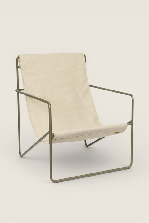 Bolina Desert Lounge Chair in olive green metal frame with a cream woven seat made from recycled plastic bottles.