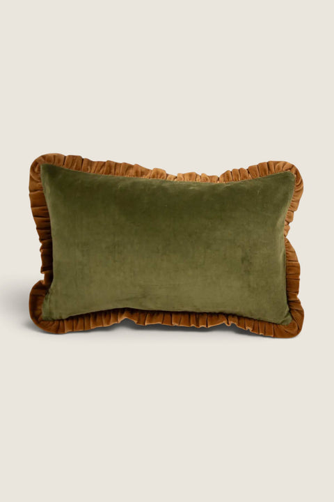 Bolina Doris rectangular cotton cushion cover in green with a decorative camel-colored ruffled trim