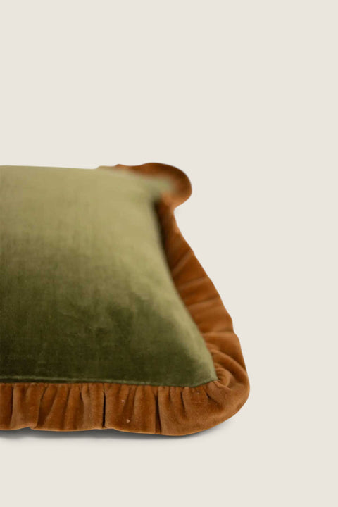 Bolina Doris cotton cushion cover in green with a camel brown ruffled edge, 30x50cm decorative throw pillow