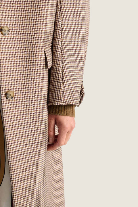Bolina Dorothee Schumacher Graphic Chic beige check coat with brown houndstooth pattern and buttoned sleeve detail