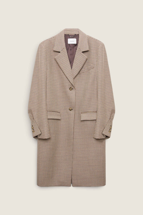 Bolina Dorothee Schumacher Graphic Chic beige check coat with oversized fit, lapel collar, and flap pockets.