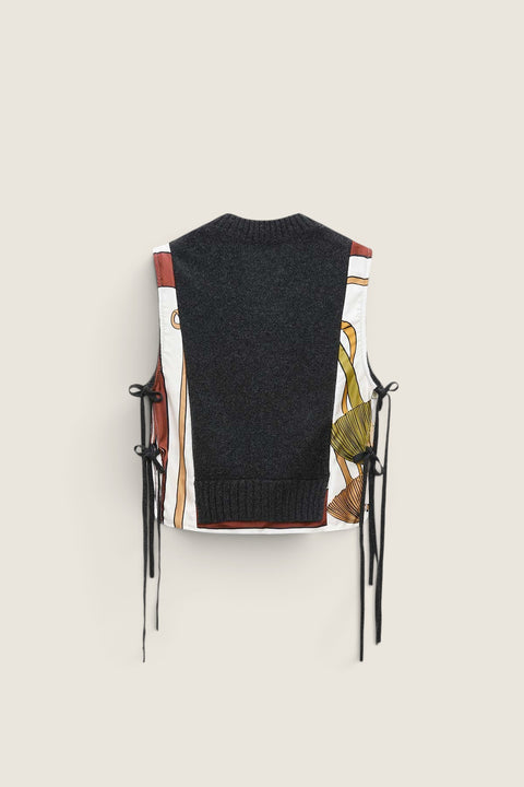 Bolina Dorothee Schumacher brown knit vest with scarf print side panels and black tie-side details, back view.