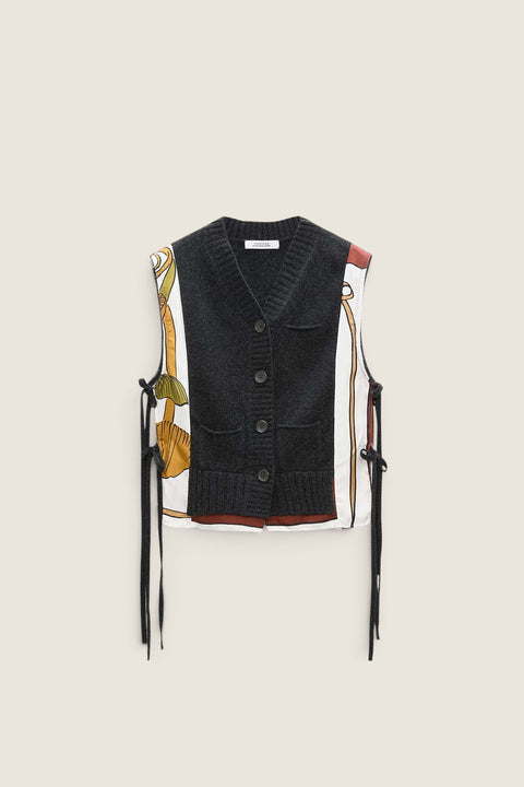 Bolina Dorothee Schumacher brown knit vest with V-neck, button front, and decorative scarf-print side tie panels.