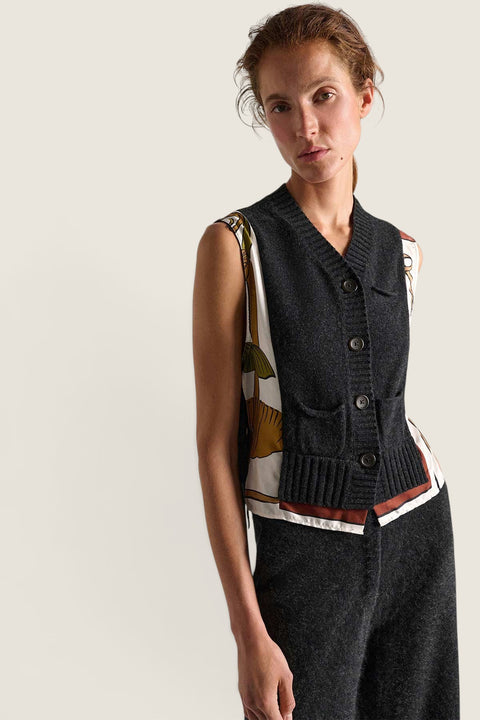 Bolina Dorothee Schumacher brown knit vest with V-neck, button front, and decorative scarf-print side panels.