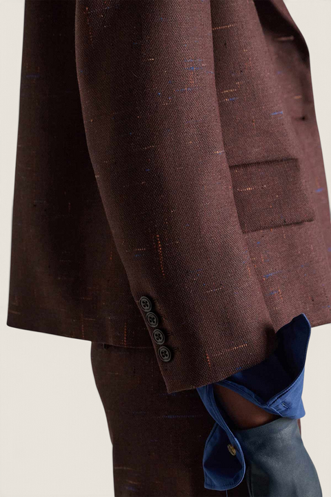 Bolina Dorothee Schumacher cinnamon tweed blazer sleeve with button detail and blue shirt cuff