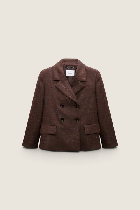 Bolina Dorothee Schumacher cinnamon tweed double-breasted wool blazer with notched lapels and flap pockets.