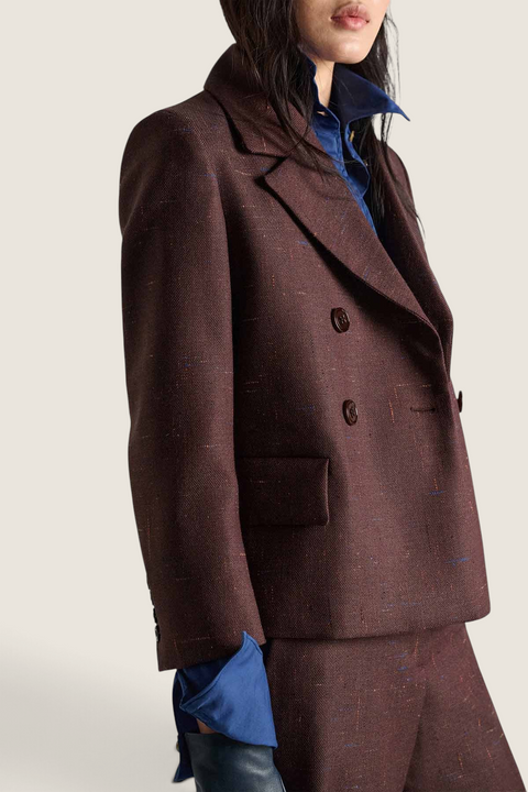 Bolina Dorothee Schumacher cinnamon tweed double-breasted blazer with notched lapels and flap pockets on a model