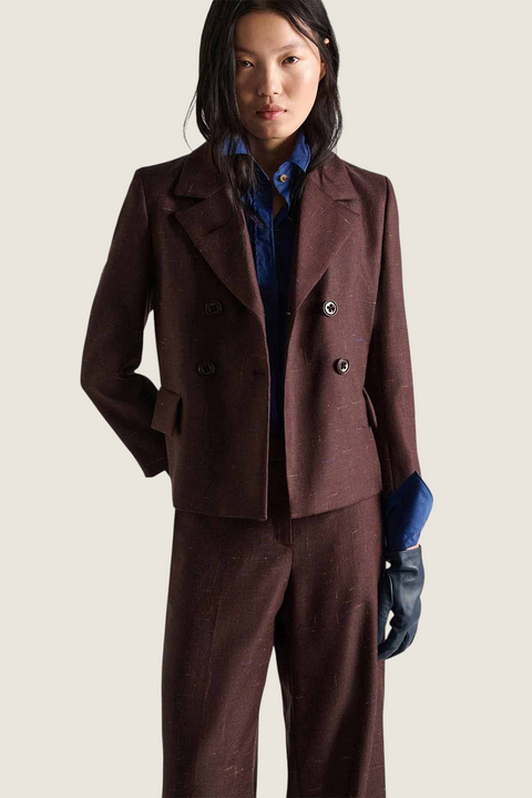 Bolina Dorothee Schumacher cinnamon tweed double-breasted wool blazer with notched lapels and flap pockets