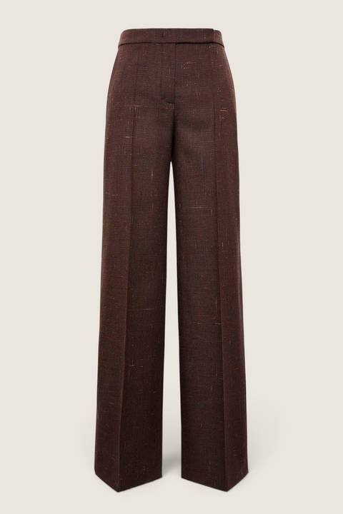 Bolina Dorothee Schumacher cinnamon tweed trousers with a high waist, wide legs, and sharp front creases.