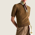 Bolina Dorothee Schumacher fluffy porcini brown short-sleeved knit sweater with a round neck and silk neck scarf.