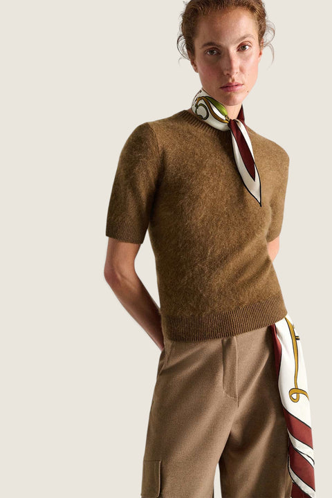 Bolina Dorothee Schumacher fluffy porcini brown short-sleeved knit sweater with a round neck and silk neck scarf.