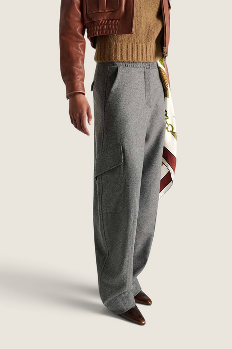 Bolina Dorothee Schumacher grey melange wool flannel barrel-leg cargo pants with an elastic waist and side pockets.
