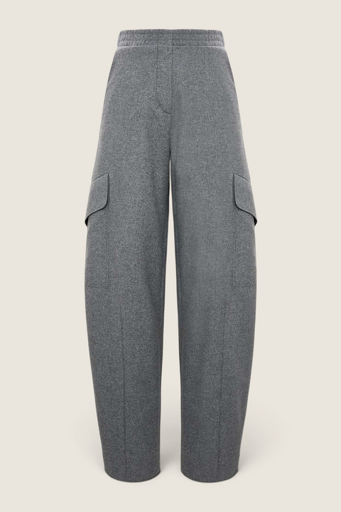 Bolina Dorothee Schumacher grey melange wool flannel barrel-leg cargo pants with an elastic waistband.
