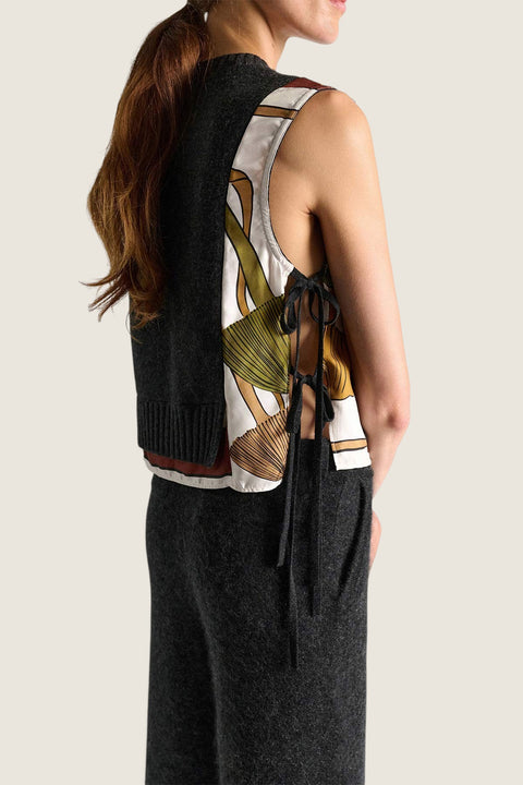 Bolina Dorothee Schumacher brown knit vest with side scarf print, open sides with tie closures, and button front.