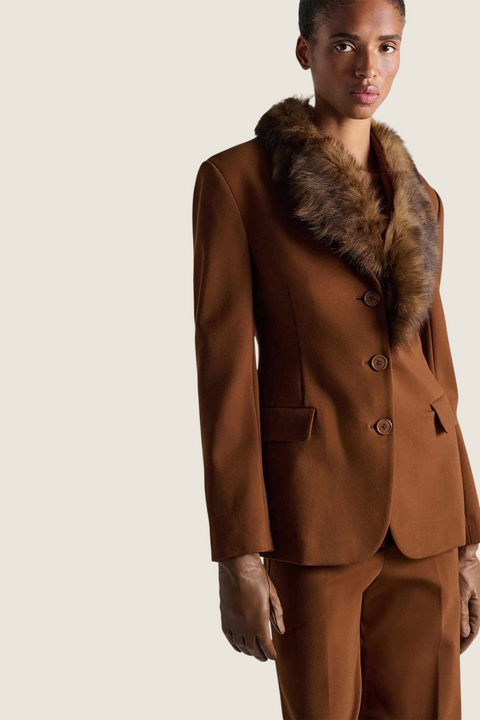 Bolina Dorothee Schumacher soft brown lamb fur collar worn over a matching tailored blazer