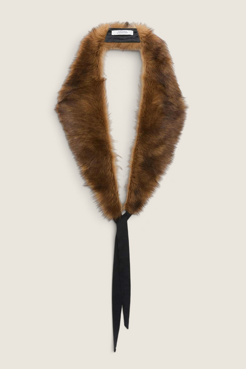 Bolina Dorothee Schumacher brown lamb fur collar with black tie ribbons for styling over coats and jackets.