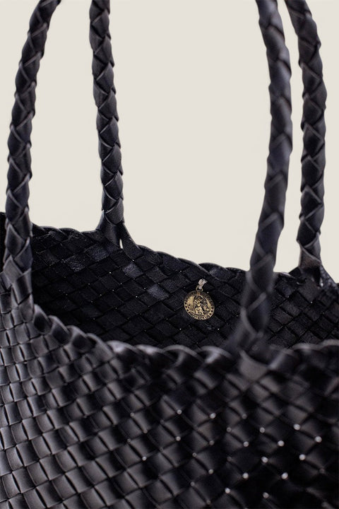 Bolina Dragon Diffusion Santa Croce black handwoven leather tote bag with St. Christopher medal detail