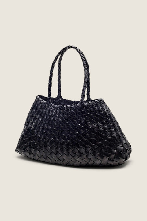 Bolina Dragon Diffusion Santa Croce Big black hand-woven leather tote bag with braided handles and open top design.