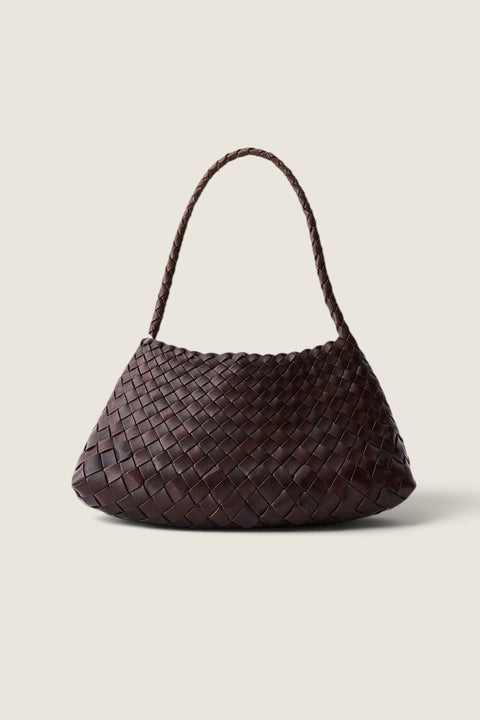 Bolina Dragon Diffusion Rosanna dark brown woven leather handbag with a tapered silhouette and braided shoulder strap.