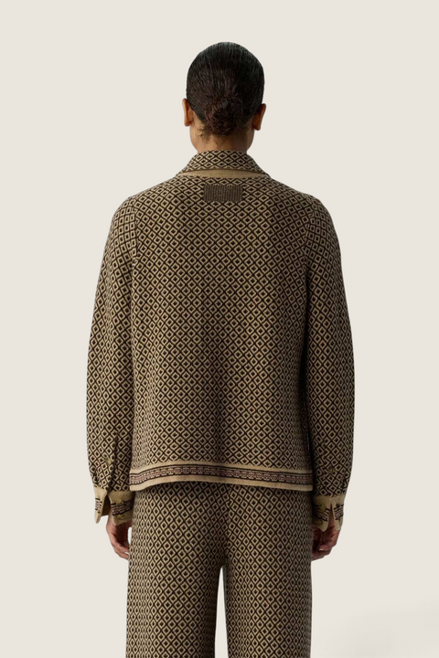 Back view of Bolina Dylan Marquise cashmere shirt in burnt cocoa with a diamond knit pattern and jacquard details.