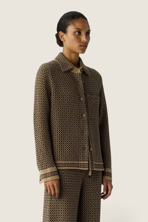 Bolina Dylan Marquise cashmere shirt in burnt cocoa with a diamond knit pattern, button-down front, and chest pocket.