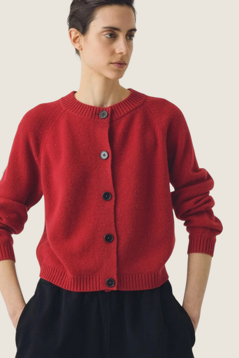 Bolina Eden raglan cardigan in cardinal red merino wool and cashmere blend with corozo buttons and ribbed cuffs