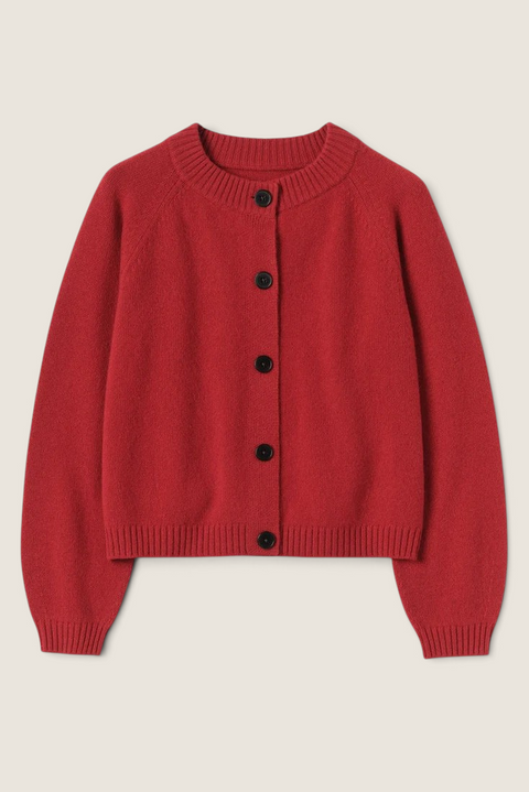Bolina Eden raglan cardigan in cardinal red merino wool and cashmere blend with ribbed trim and corozo buttons