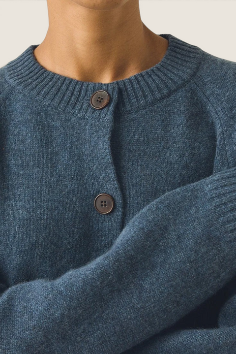 Bolina Eden raglan cardigan in stormy blue merino wool and cashmere blend with ribbed collar and corozo buttons