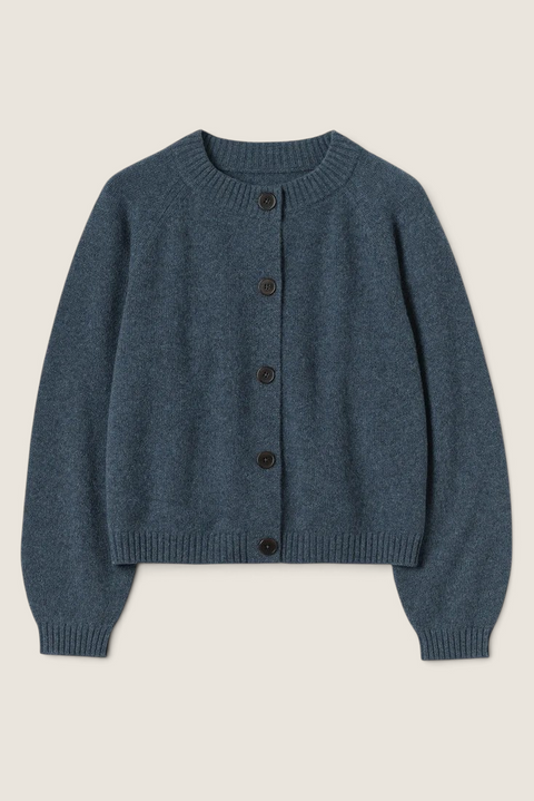 Bolina Eden raglan cardigan in stormy blue merino wool and cashmere blend with ribbed trim and corozo buttons