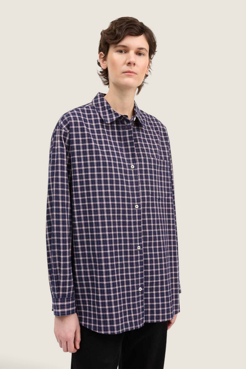 Bolina Edgar oversized shirt in navy, white, and red check organic cotton poplin with a classic collar and button front