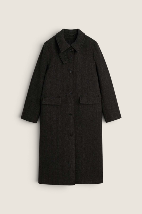 Bolina Ernest wool coat in brown herringbone with a large collar, button closure, and flap pockets.