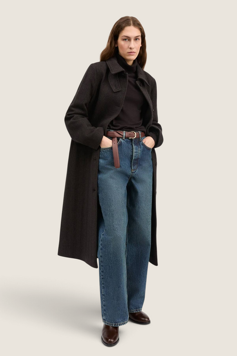 Bolina Ernest wool coat in brown herringbone with a relaxed fit, large collar, and button closure on a model.