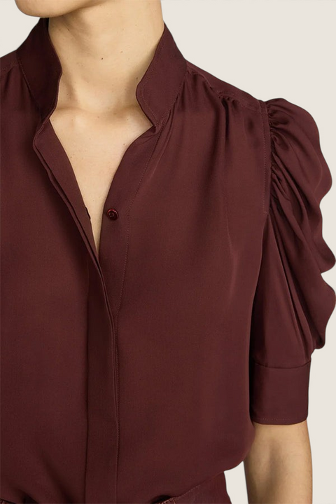 Bolina FRAME Gillian blouse in currant red silk with a soft collar and gathered short sleeves