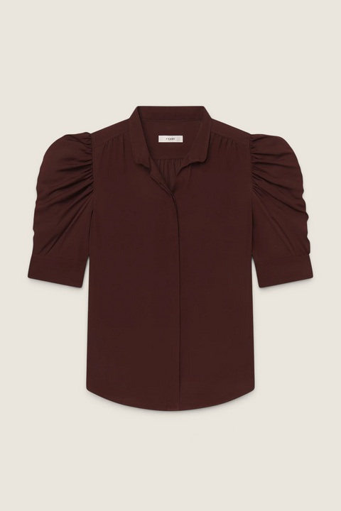 Bolina FRAME Gillian blouse in currant red silk with a soft collar and short sleeves featuring gathered details.