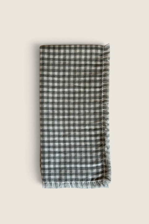 Bolina grey and white gingham cotton napkin with decorative fringed edges for table setting