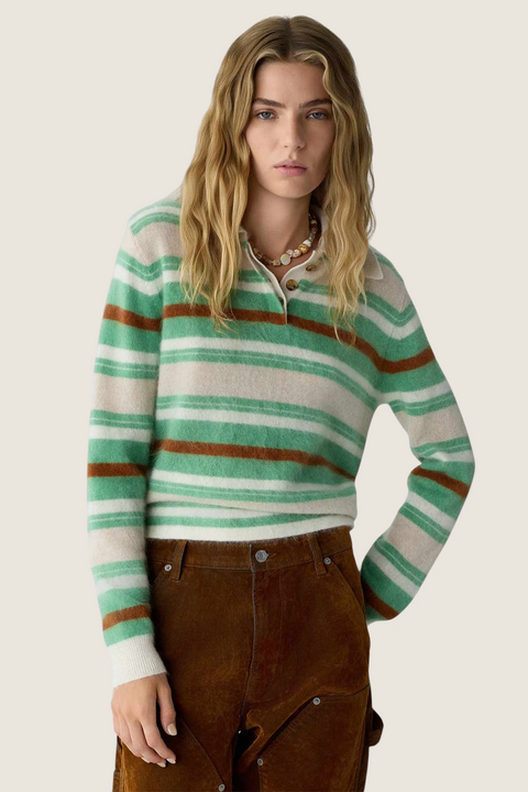 Bolina Grizzly Cropped Rugby sweater in Highland Combo striped cashmere with a polo collar and three-button placket.