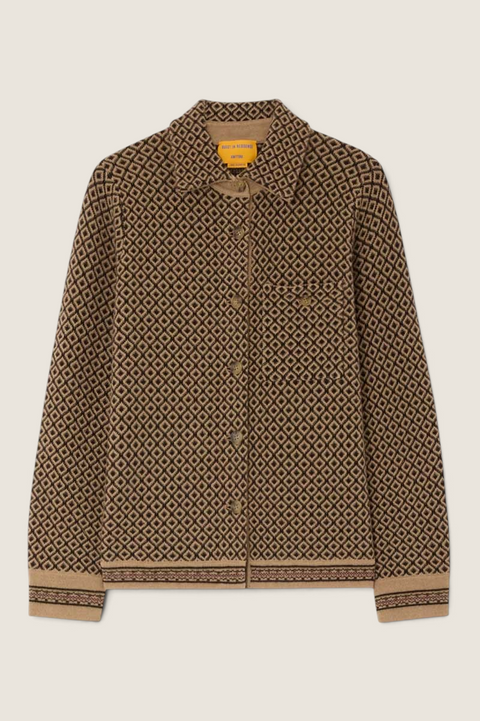 Bolina Guest in Residence Dylan Marquise shirt in burnt cocoa brown cashmere with a diamond knit pattern and jacquard