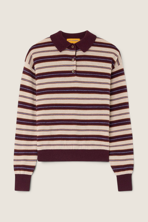 Bolina Guest in Residence striped cashmere polo sweater in fig combo with a ribbed collar and button placket.