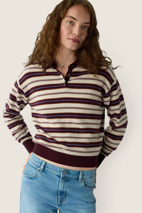 Bolina Guest in Residence striped cashmere polo sweater in fig combo with a ribbed collar and button placket.