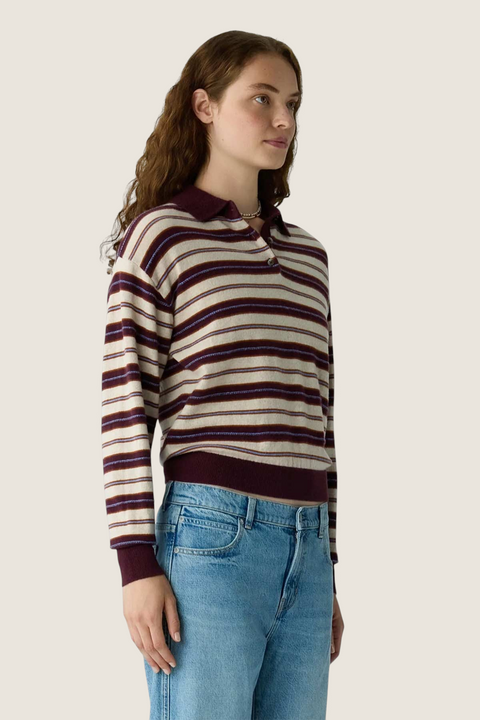 Bolina Guest in Residence striped cashmere polo sweater in fig combo with ribbed collar and button placket