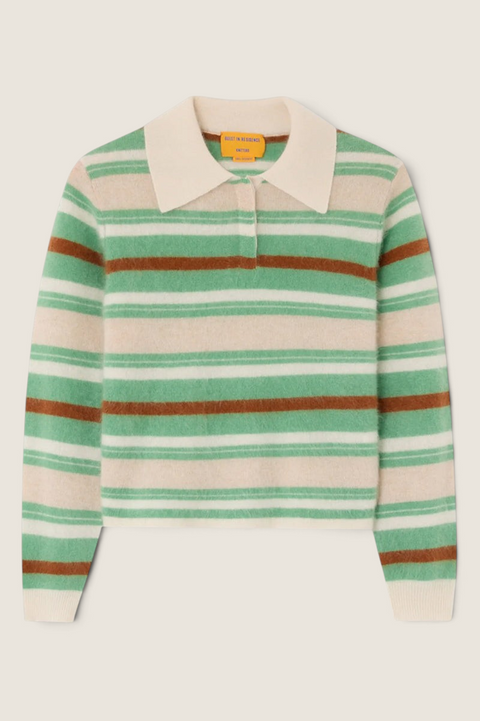 Bolina Guest in Residence cropped rugby sweater in Highland Combo striped cashmere with a polo collar.