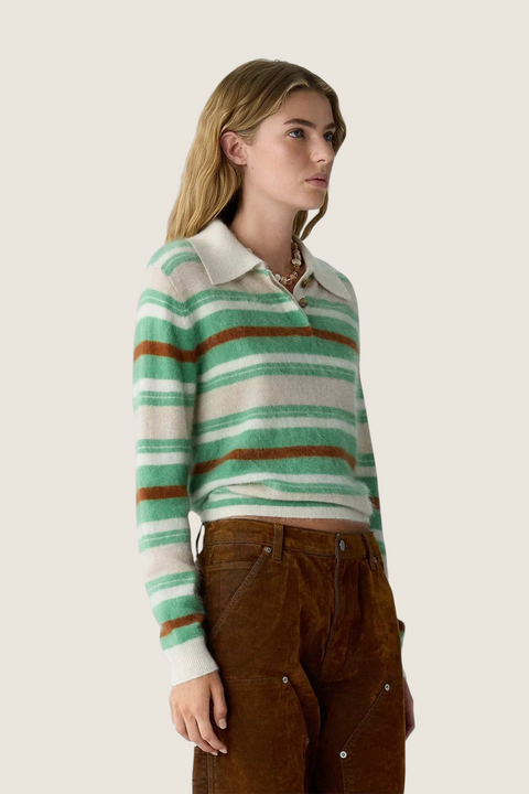 Bolina Guest in Residence cropped cashmere rugby sweater in green, white, and brown stripes with a polo collar.