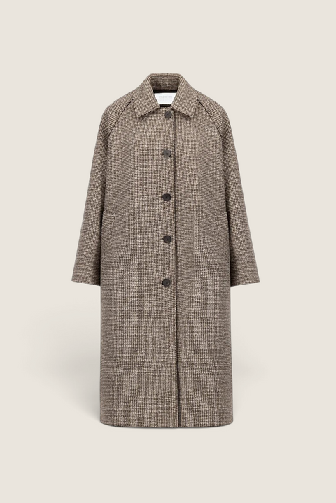 Bolina Harris Wharf London long Balmacaan coat in cream and brown houndstooth wool cashmere blend with raglan sleeves.