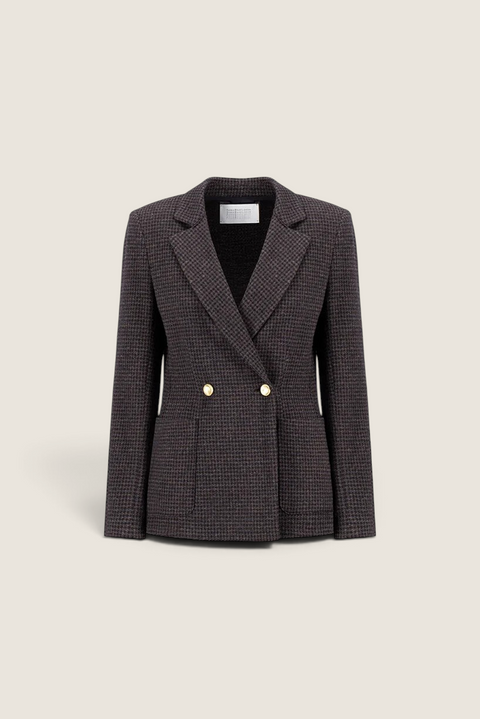 Bolina Harris Wharf London double-breasted moleskin blazer in salt and pepper pattern with gold buttons and shoulder pads