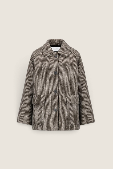 Bolina Harris Wharf London cream and brown herringbone wool-cashmere raglan jacket with flap pockets and front buttons