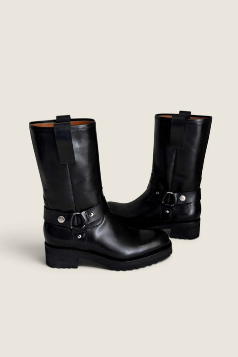 Bolina Isabel black leather mid-calf boots with silver ring hardware and chunky rubber soles